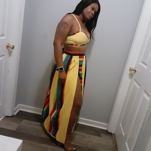 Yellow Pleated Stripe 2 Piece Set